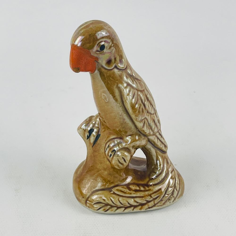 Vintage Glazed Ceramic Parakeet Figurine on Stump Made in Brazil